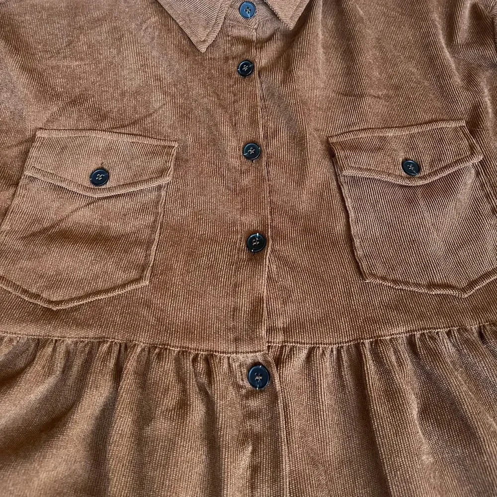 Brown Corduroy Babydoll Peplum Button Down‎ Shirt - Picture 2 of 5